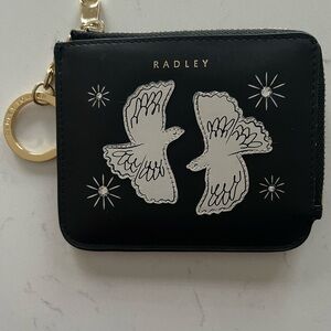 RADLEY LONDON Black Leather Zip Card & Key Holder with Silver Dove Motif